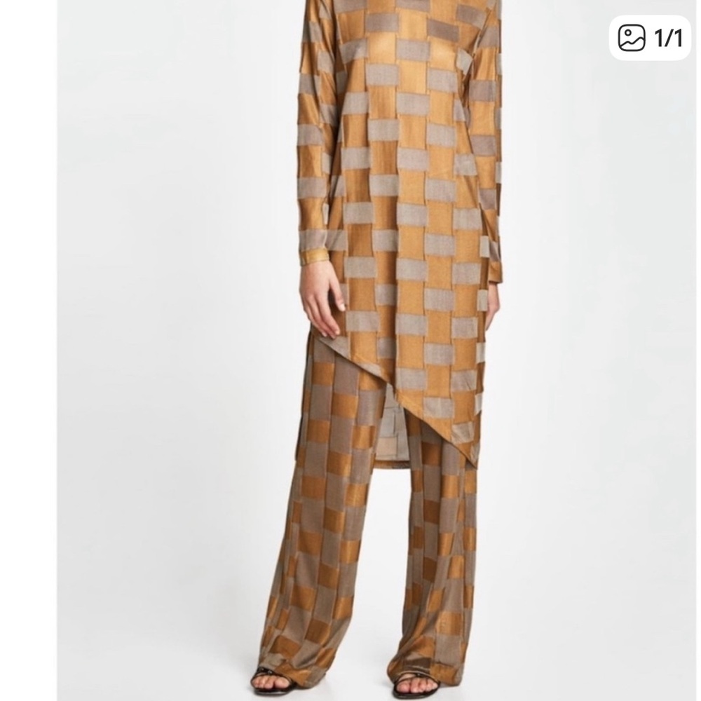 Zara Bronze Metallic Checkered Print Tunic and Pant Set (2 Piece Set).